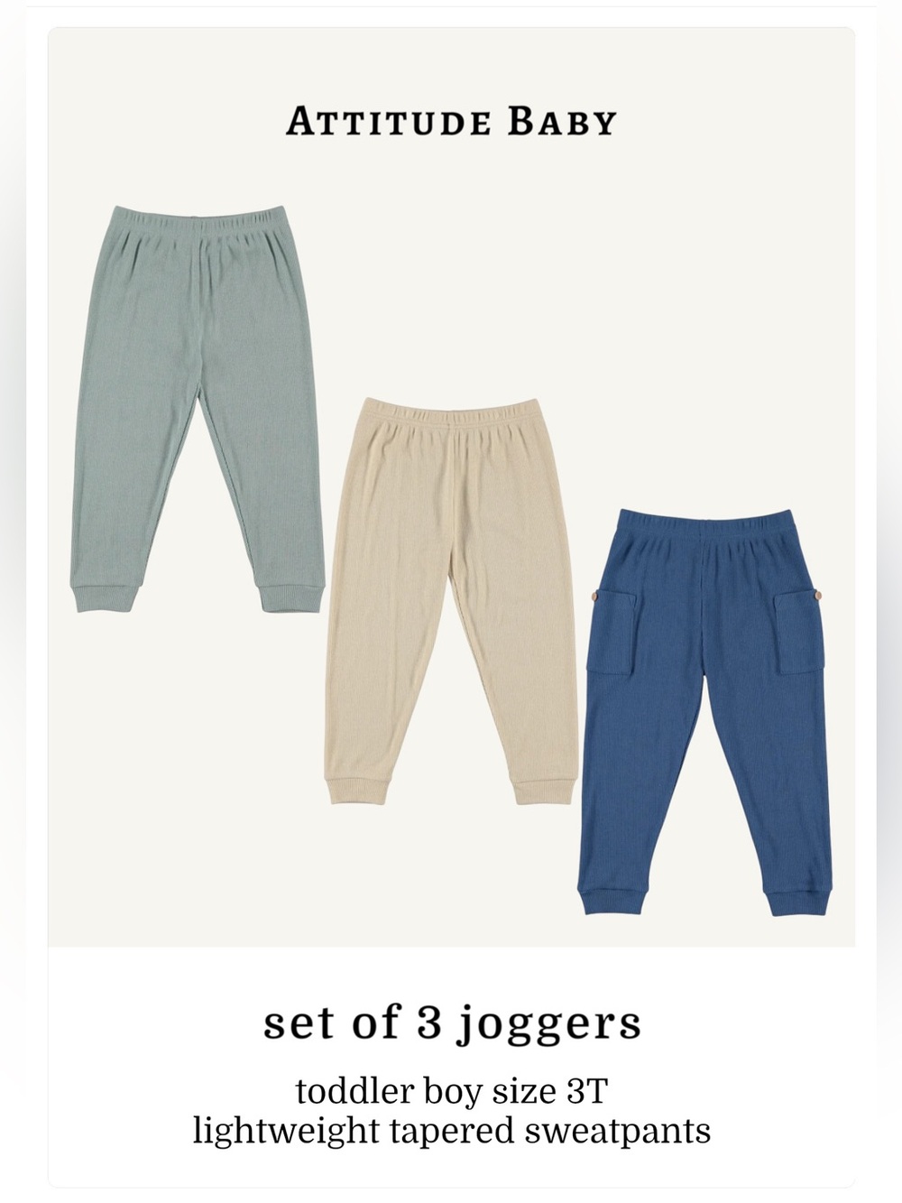 Attitude Baby SET OF 3 lightweight tapered joggers, toddler boy size 3T